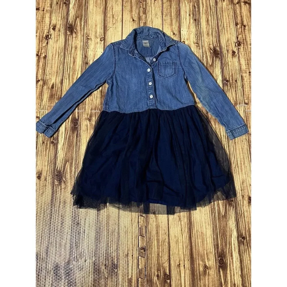 Kid Denim & Tulle Dress In Mosaic Blue Size 5